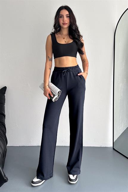 Yüksek Bel Kompakt Penye Yumuşak Dokulu Palazzo Eşofman - Lacivert