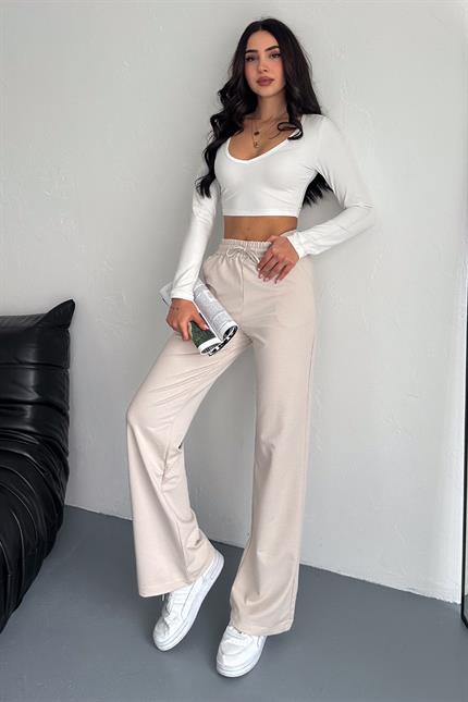 Yüksek Bel Kompakt Penye Yumuşak Dokulu Palazzo Eşofman - Taş