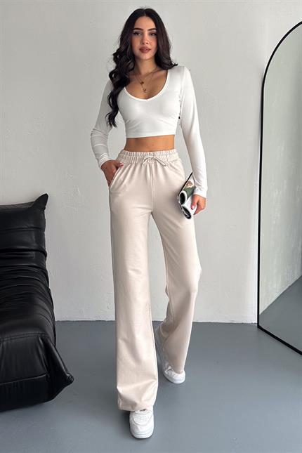 Yüksek Bel Kompakt Penye Yumuşak Dokulu Palazzo Eşofman - Taş