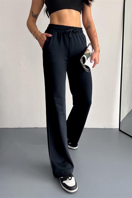 Yüksek Bel Kompakt Penye Yumuşak Dokulu Palazzo Eşofman - Lacivert