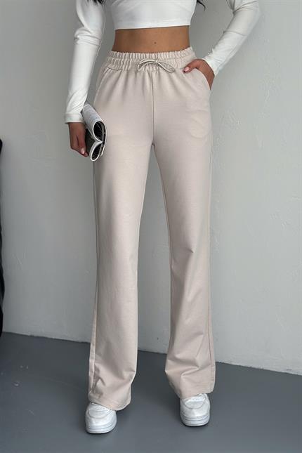 Yüksek Bel Kompakt Penye Yumuşak Dokulu Palazzo Eşofman - Taş