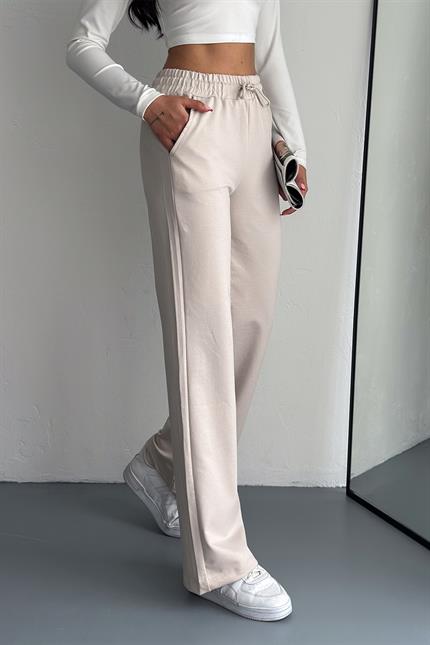 Yüksek Bel Kompakt Penye Yumuşak Dokulu Palazzo Eşofman - Taş