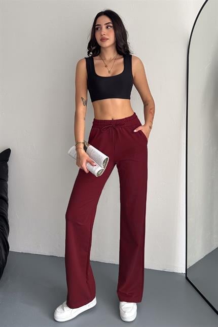 Yüksek Bel Kompakt Penye Yumuşak Dokulu Palazzo Eşofman - Bordo