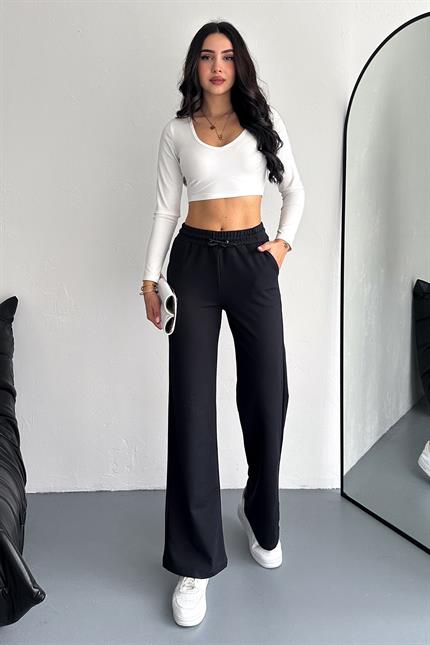 Yüksek Bel Kompakt Penye Yumuşak Dokulu Palazzo Eşofman - Siyah