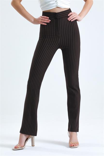 Yüksek Bel Likralı Çizgili Pantolon - Kahve
