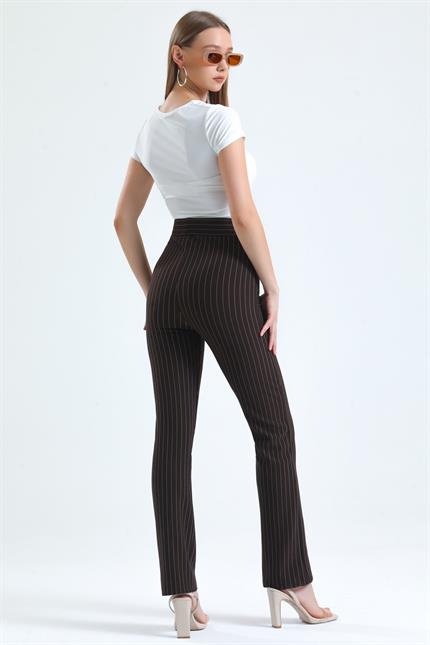 Yüksek Bel Likralı Çizgili Pantolon - Kahve