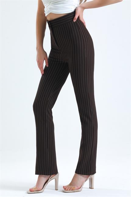 Yüksek Bel Likralı Çizgili Pantolon - Kahve