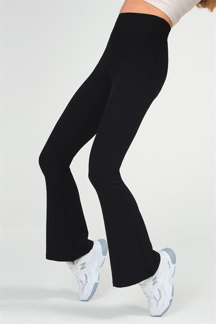 Yüksek Bel Toparlayıcı Fitilli İspanyol Paça Tayt - Siyah