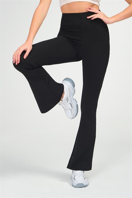 Yüksek Bel Toparlayıcı Fitilli İspanyol Paça Tayt - Siyah