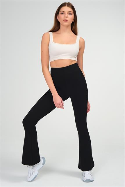 Yüksek Bel Toparlayıcı Fitilli İspanyol Paça Tayt - Siyah