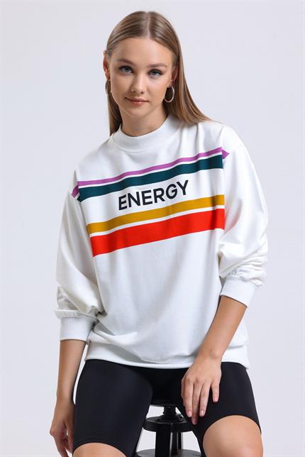 Yumuşak Dokulu Energy Baskılı Bisiklet Yaka Dökümlü Sweatshirt - Ekru