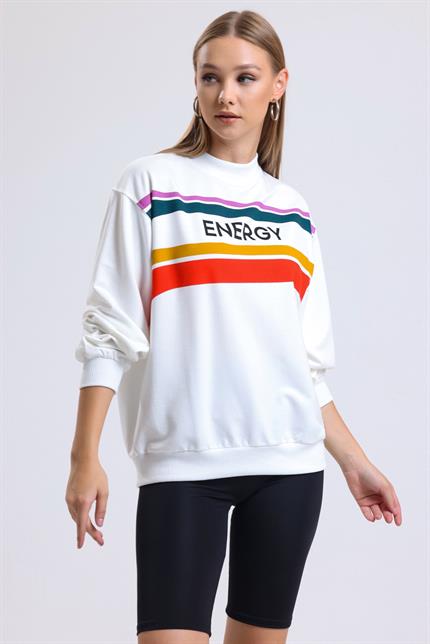 Yumuşak Dokulu Energy Baskılı Bisiklet Yaka Dökümlü Sweatshirt - Ekru