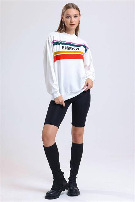 Yumuşak Dokulu Energy Baskılı Bisiklet Yaka Dökümlü Sweatshirt - Ekru