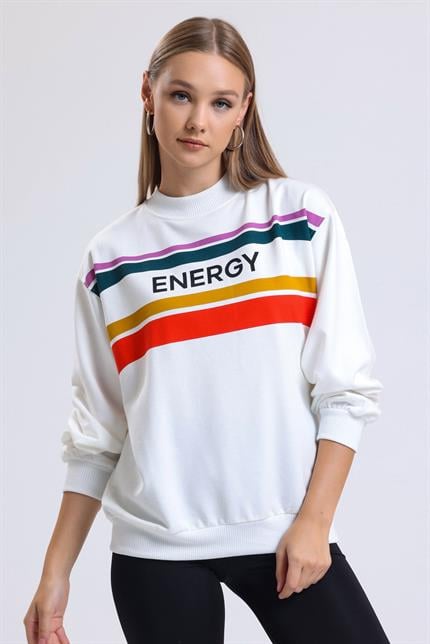 Yumuşak Dokulu Energy Baskılı Bisiklet Yaka Dökümlü Sweatshirt - Ekru