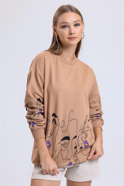 Yüz Baskılı Balon Kollu Bisiklet Yaka Oversize Sweatshirt - Bisküvi