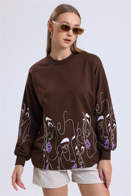 Yüz Baskılı Balon Kollu Bisiklet Yaka Oversize Sweatshirt - Kahve