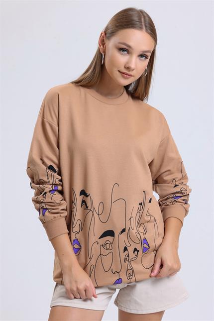 Yüz Baskılı Balon Kollu Bisiklet Yaka Oversize Sweatshirt - Bisküvi