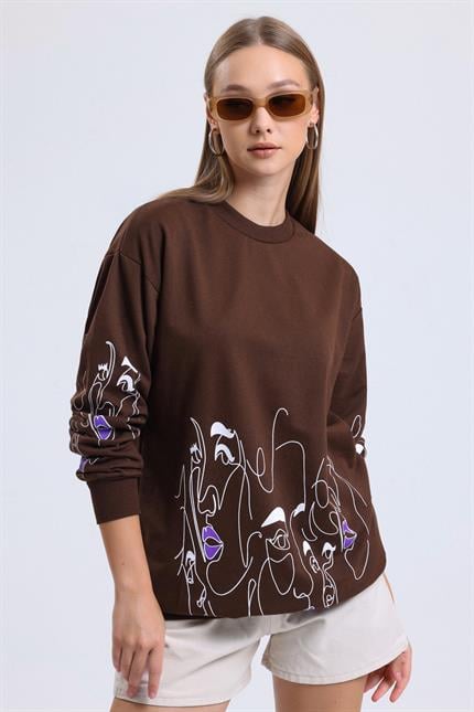 Yüz Baskılı Balon Kollu Bisiklet Yaka Oversize Sweatshirt - Kahve