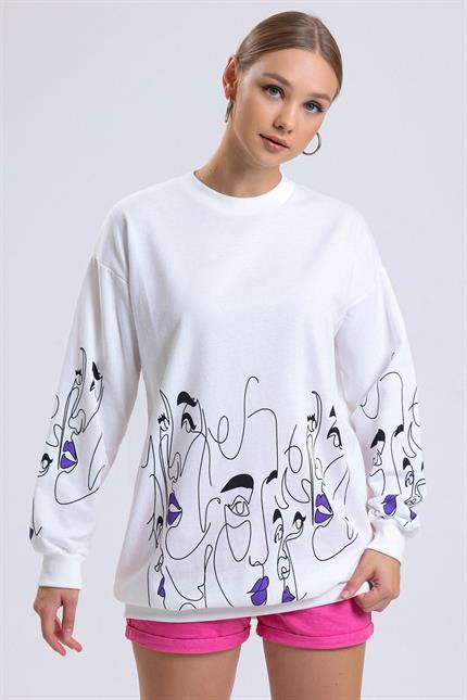 Yüz Baskılı Balon Kollu Bisiklet Yaka Oversize Sweatshirt - Ekru