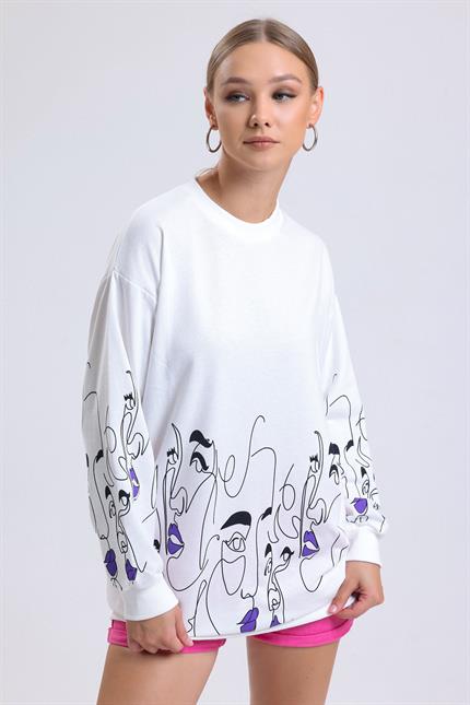 Yüz Baskılı Balon Kollu Bisiklet Yaka Oversize Sweatshirt - Ekru