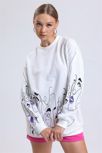 Yüz Baskılı Balon Kollu Bisiklet Yaka Oversize Sweatshirt - Ekru