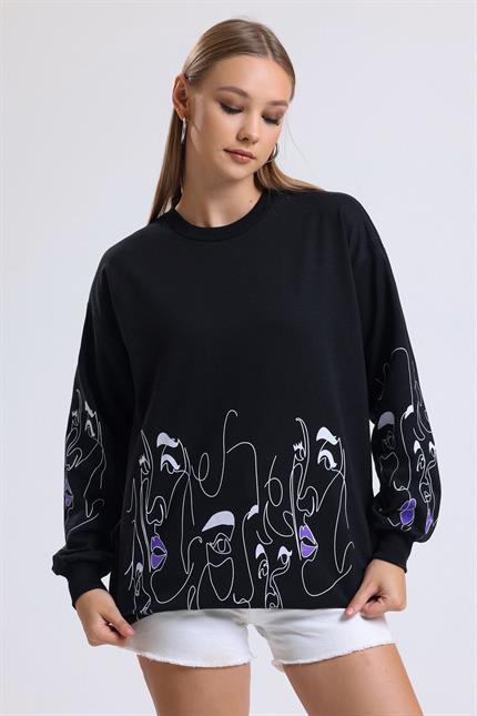 Yüz Baskılı Balon Kollu Bisiklet Yaka Oversize Sweatshirt - Siyah