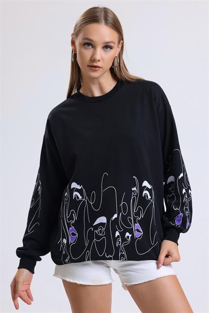 Yüz Baskılı Balon Kollu Bisiklet Yaka Oversize Sweatshirt - Siyah