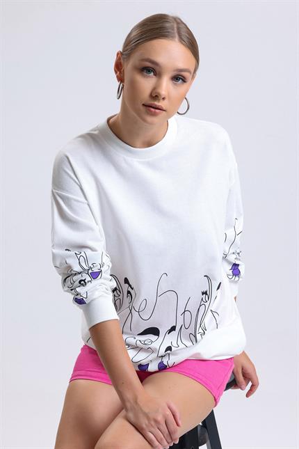 Yüz Baskılı Balon Kollu Bisiklet Yaka Oversize Sweatshirt - Ekru