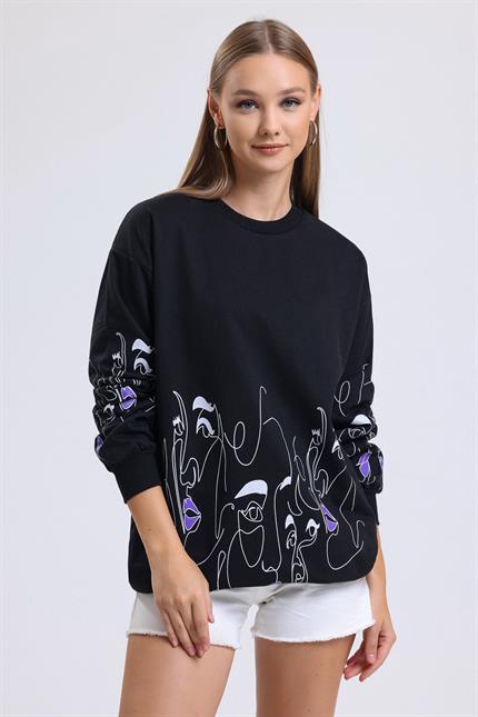 Yüz Baskılı Balon Kollu Bisiklet Yaka Oversize Sweatshirt - Siyah