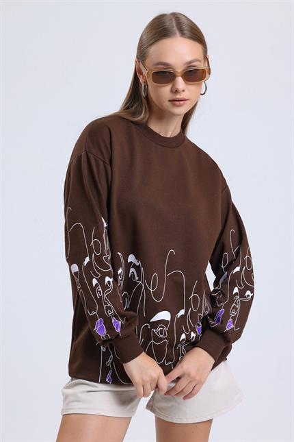 Yüz Baskılı Balon Kollu Bisiklet Yaka Oversize Sweatshirt - Kahve