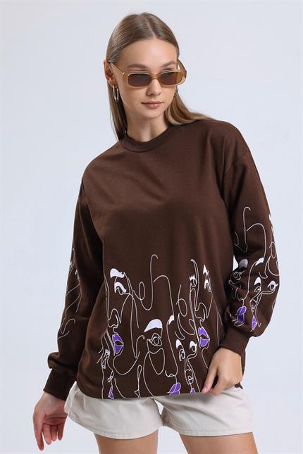 Yüz Baskılı Balon Kollu Bisiklet Yaka Oversize Sweatshirt - Kahve