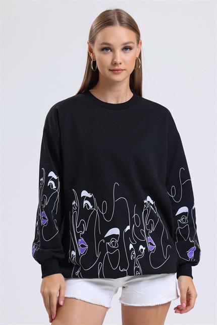 Yüz Baskılı Balon Kollu Bisiklet Yaka Oversize Sweatshirt - Siyah