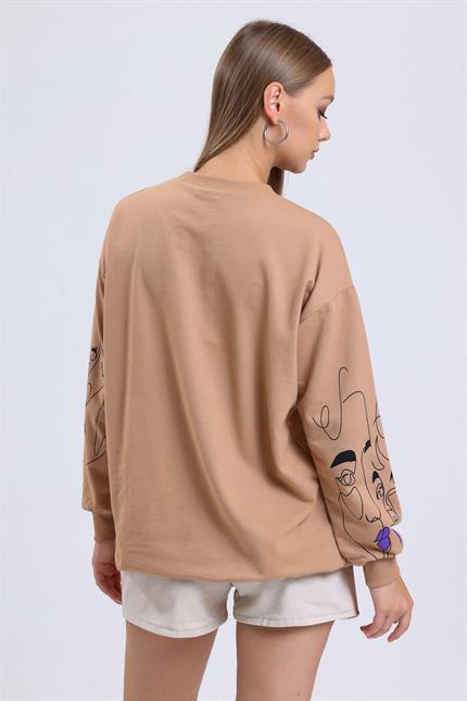 Yüz Baskılı Balon Kollu Bisiklet Yaka Oversize Sweatshirt - Bisküvi