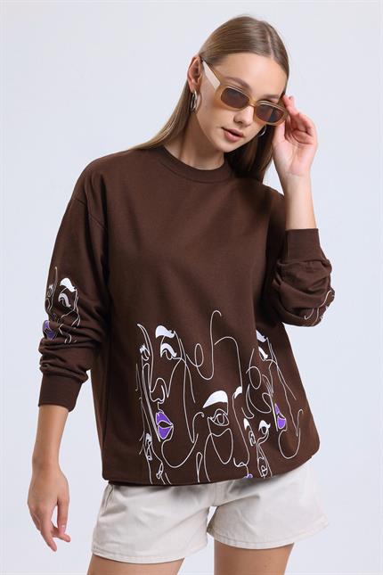 Yüz Baskılı Balon Kollu Bisiklet Yaka Oversize Sweatshirt - Kahve