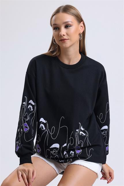 Yüz Baskılı Balon Kollu Bisiklet Yaka Oversize Sweatshirt - Siyah