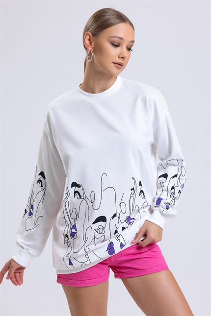 Yüz Baskılı Balon Kollu Bisiklet Yaka Oversize Sweatshirt - Ekru