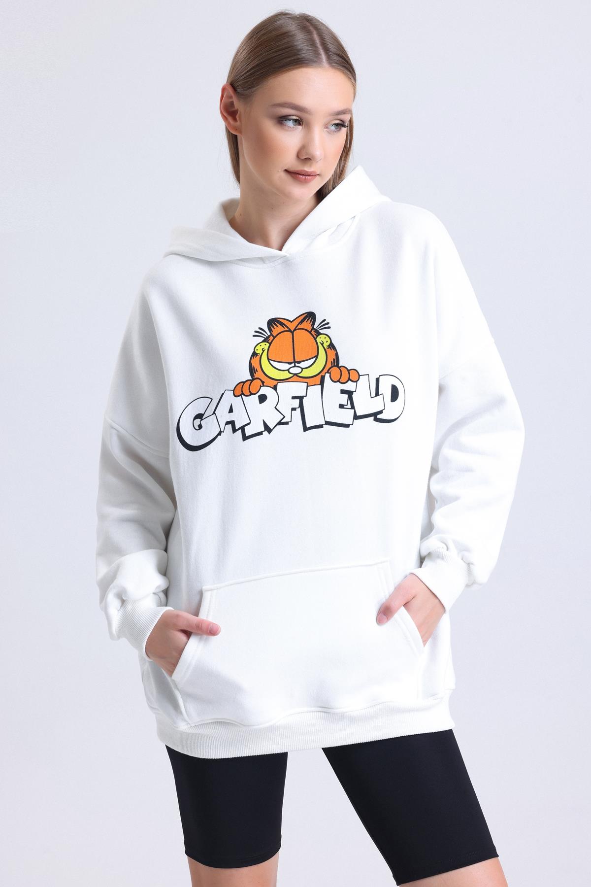  Garfield Baskılı İçi Polarlı Kapüşonlu Kanguru Cepli Oversize Sweatshirt - Beyaz
