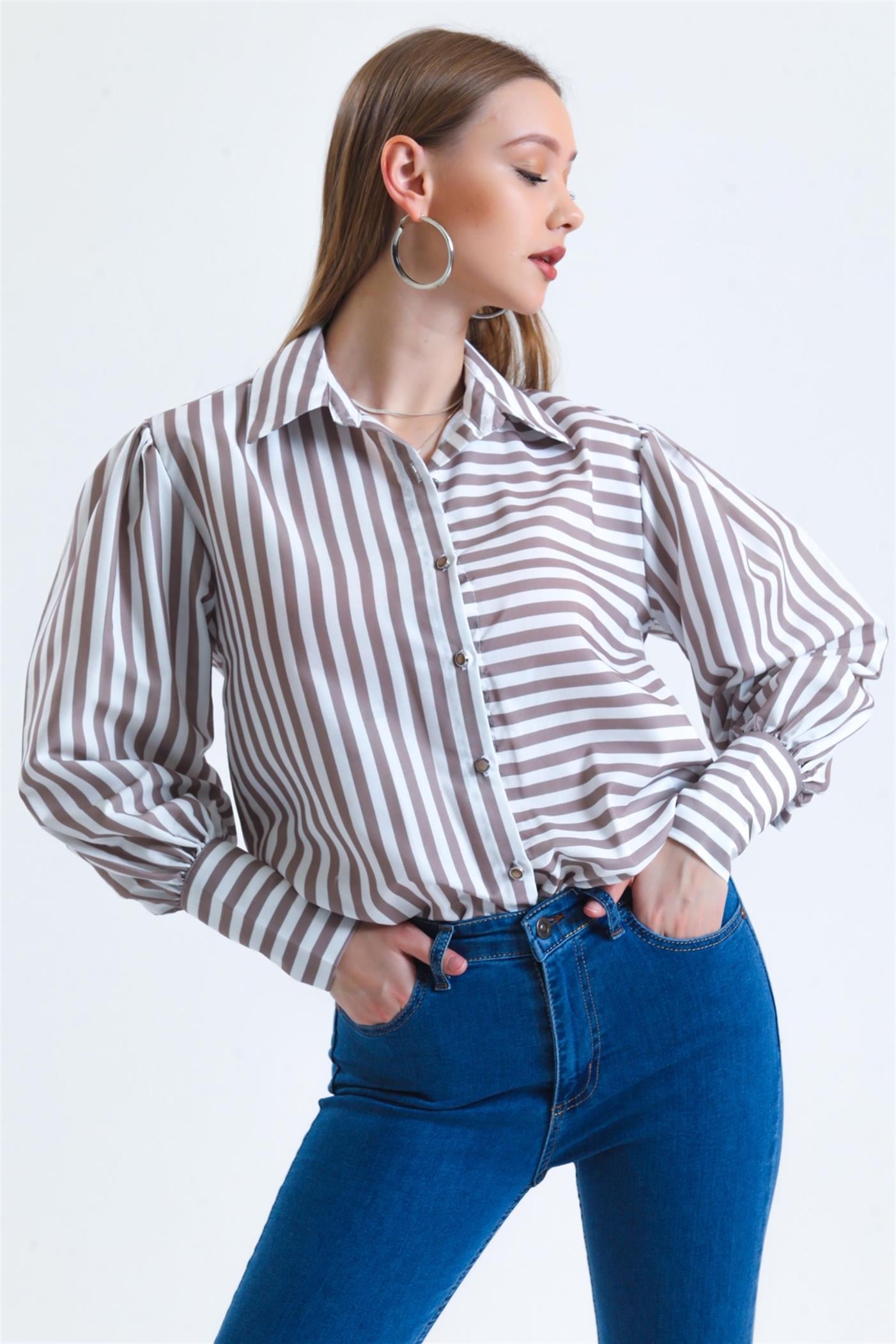Balon Kollu Düğme Detaylı Kolları Manşetli Oversize Poplin Gömlek - Vizon