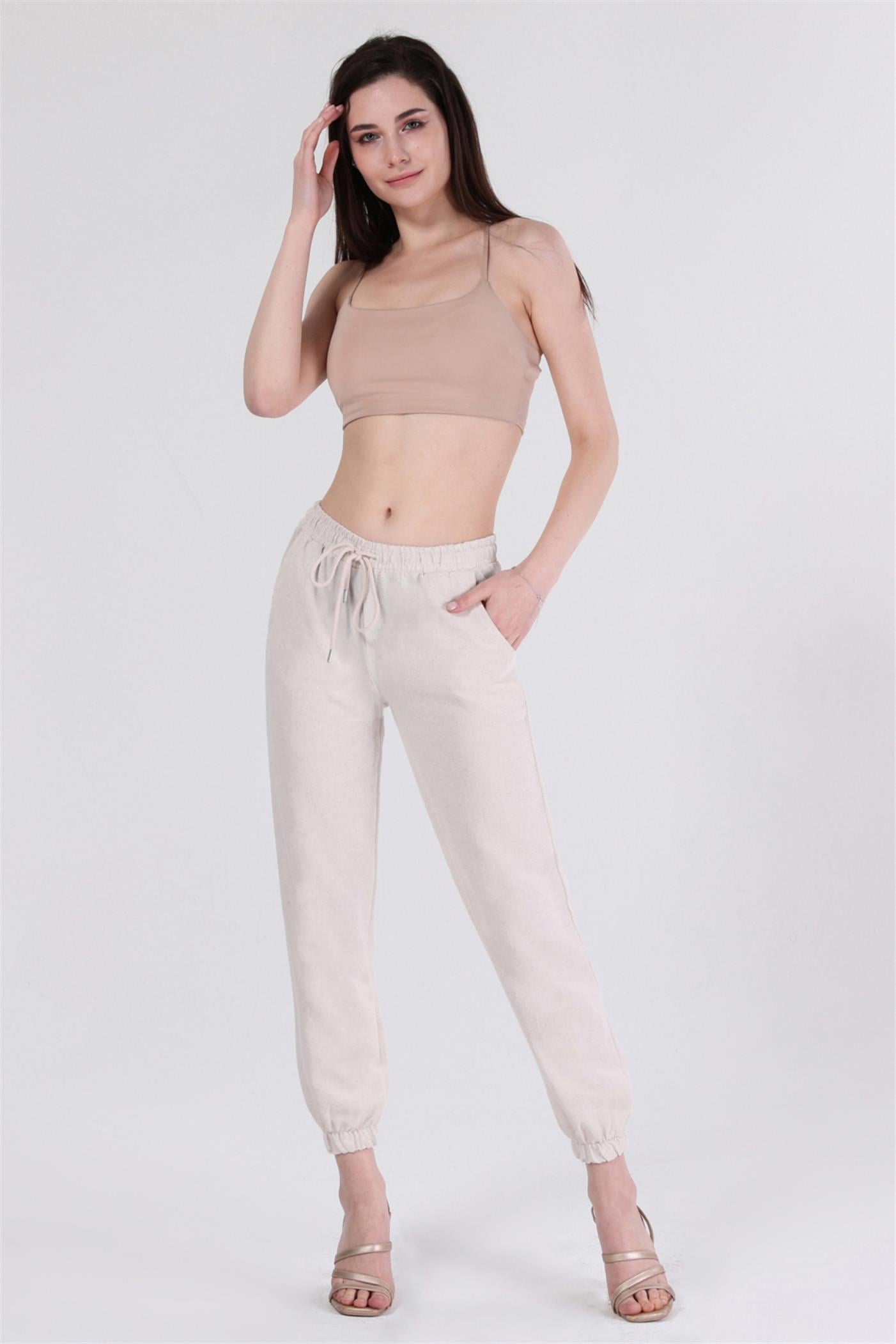 Bel Lastikli Bağcıklı Jogger Keten Pantolon - Taş