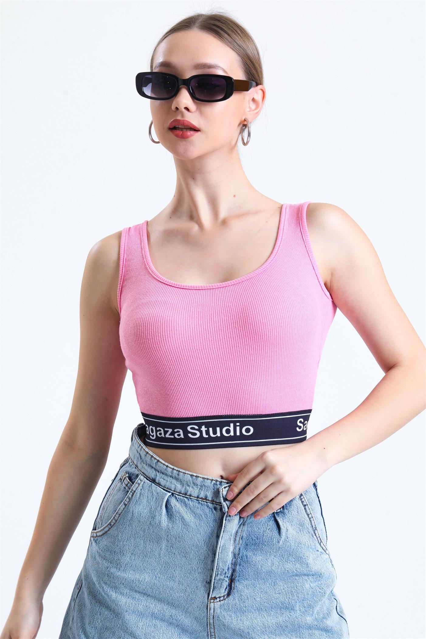 Beli Şerit Lastikli Spor Fitilli Crop Atlet - Pembe