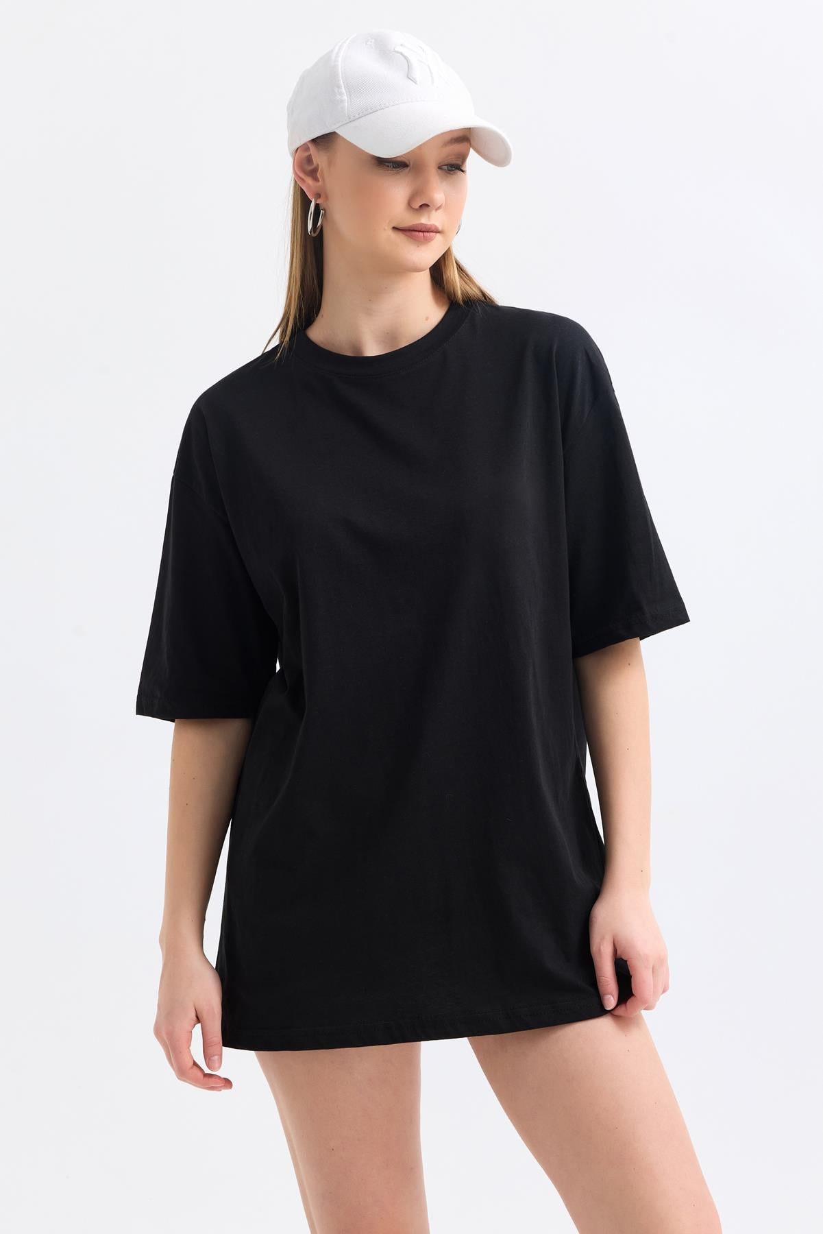 Bisiklet Yaka %100 Pamuk Basic Oversize Tişört - Siyah