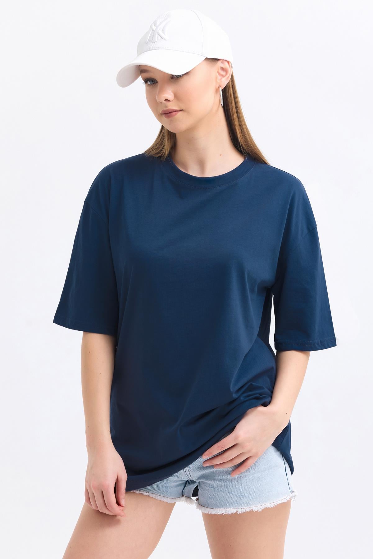 Bisiklet Yaka %100 Pamuk Basic Oversize Tişört - Lacivert