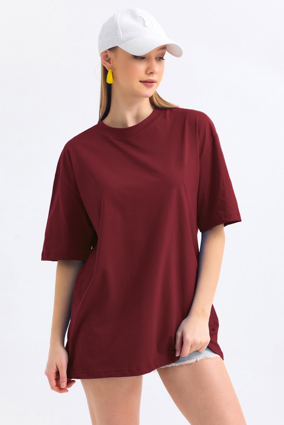 Bisiklet Yaka %100 Pamuk Basic Oversize Tişört - Bordo