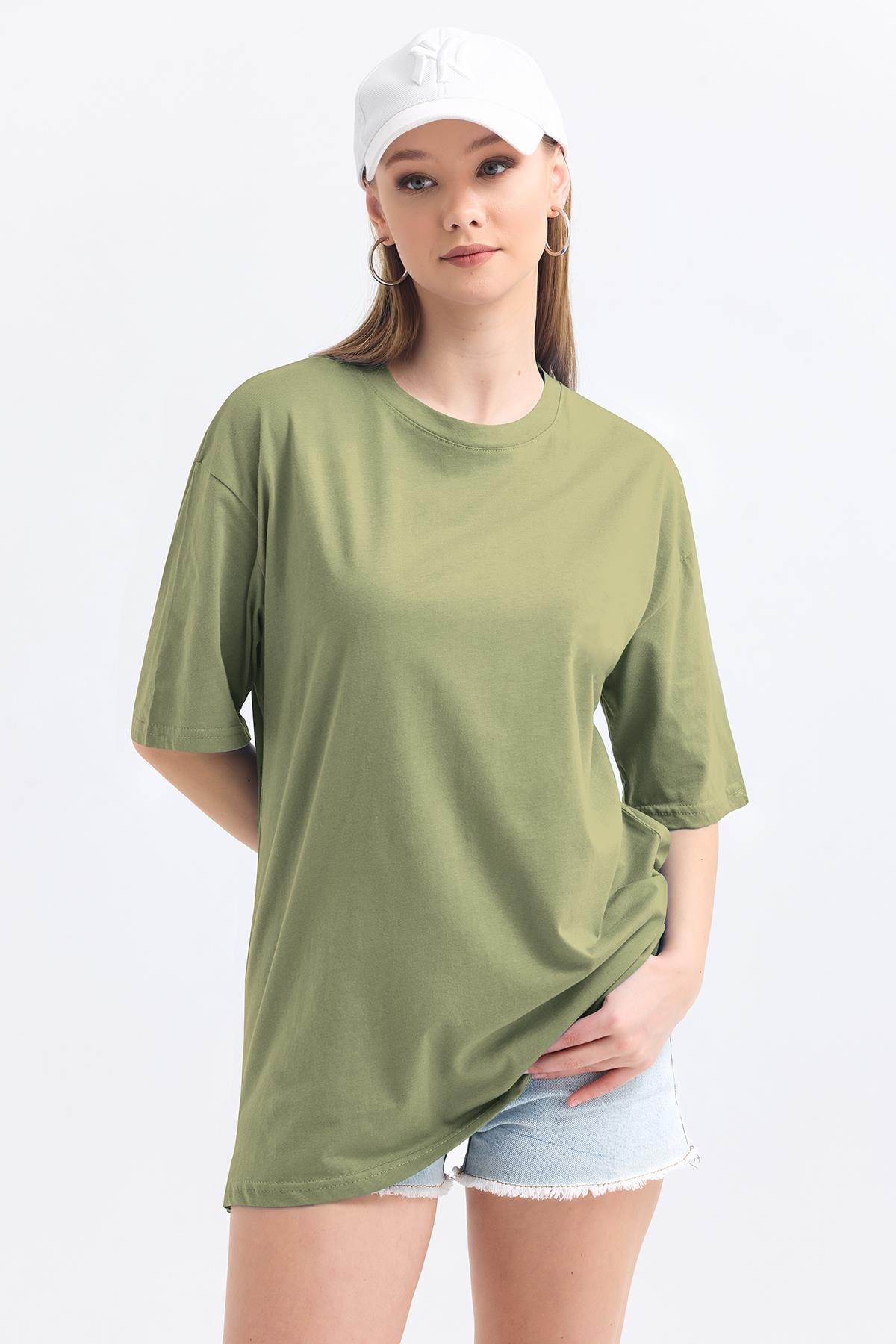 Bisiklet Yaka %100 Pamuk Basic Oversize Tişört - Olive