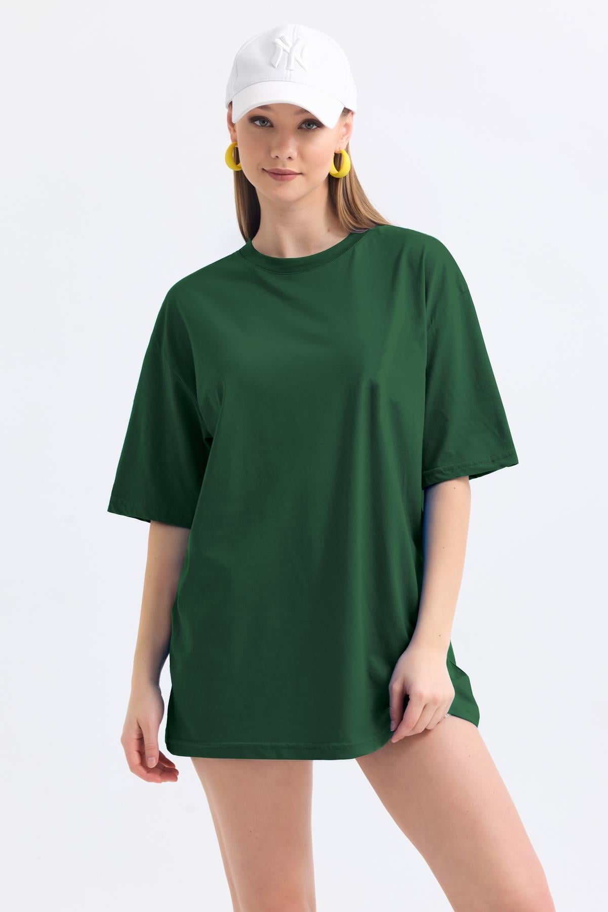 Bisiklet Yaka %100 Pamuk Basic Oversize Tişört - Yeşil