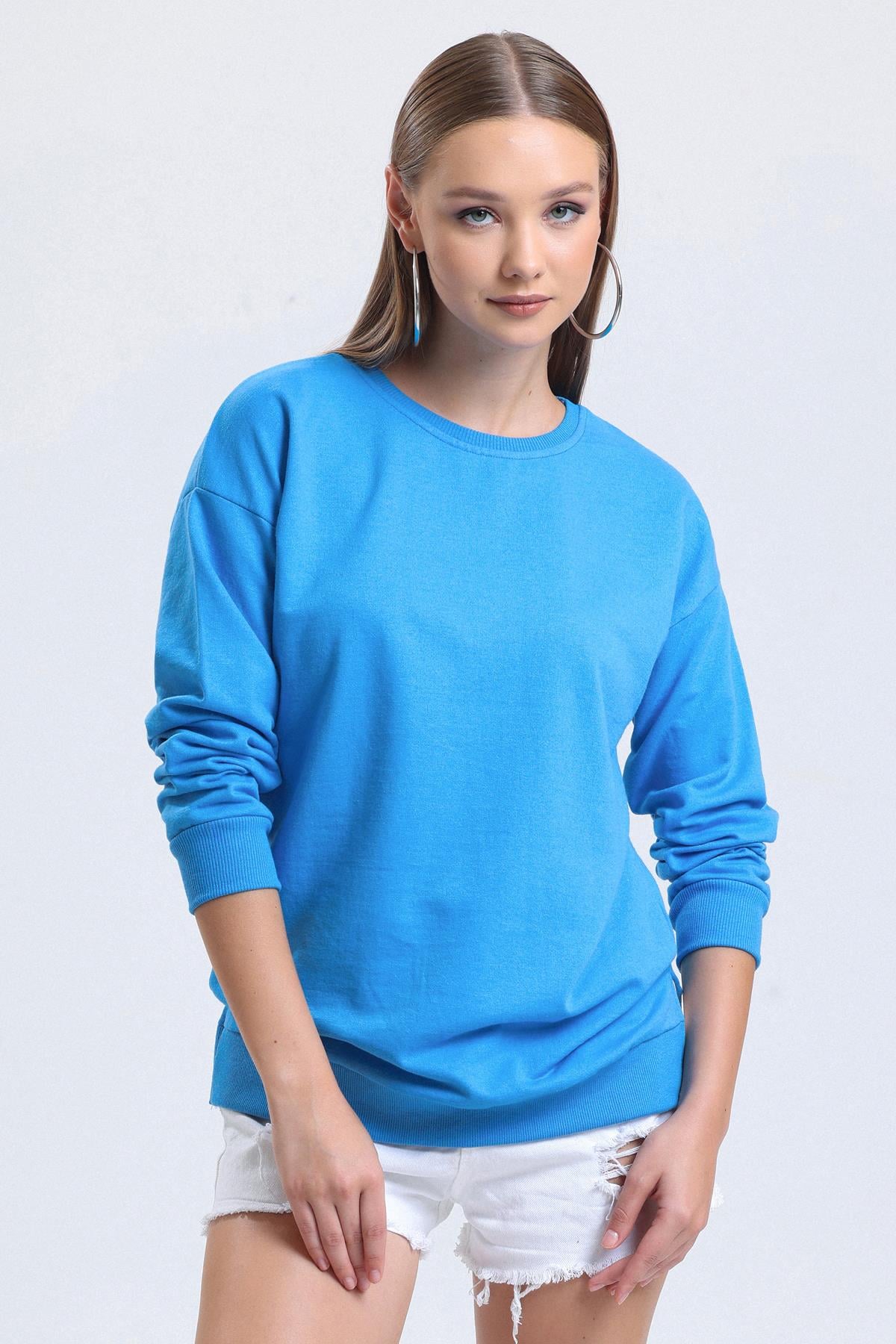Bisiklet Yaka Basic Salaş Sweatshirt - Mavi