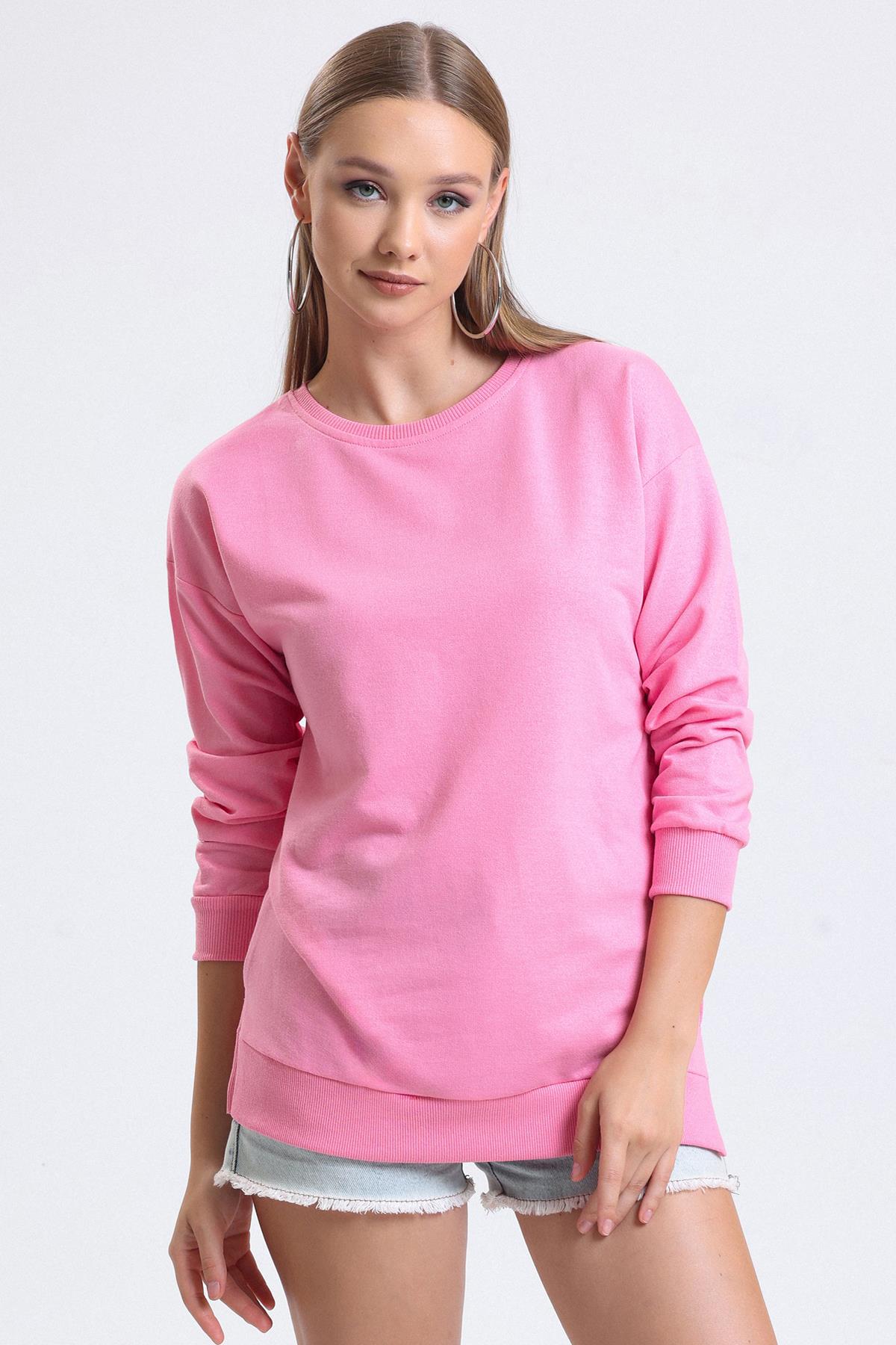 Bisiklet Yaka Basic Salaş Sweatshirt - Pembe