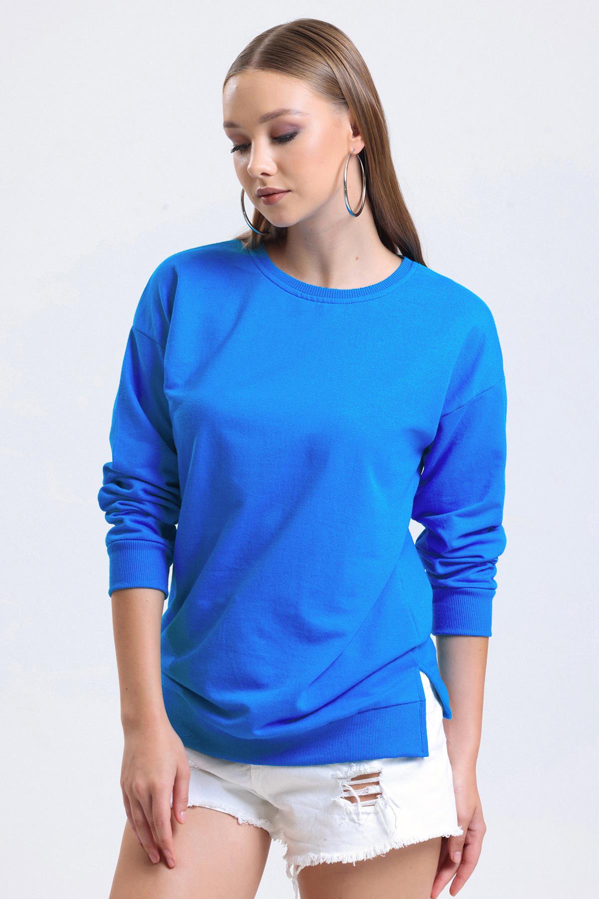 Bisiklet Yaka Basic Salaş Sweatshirt - Saks