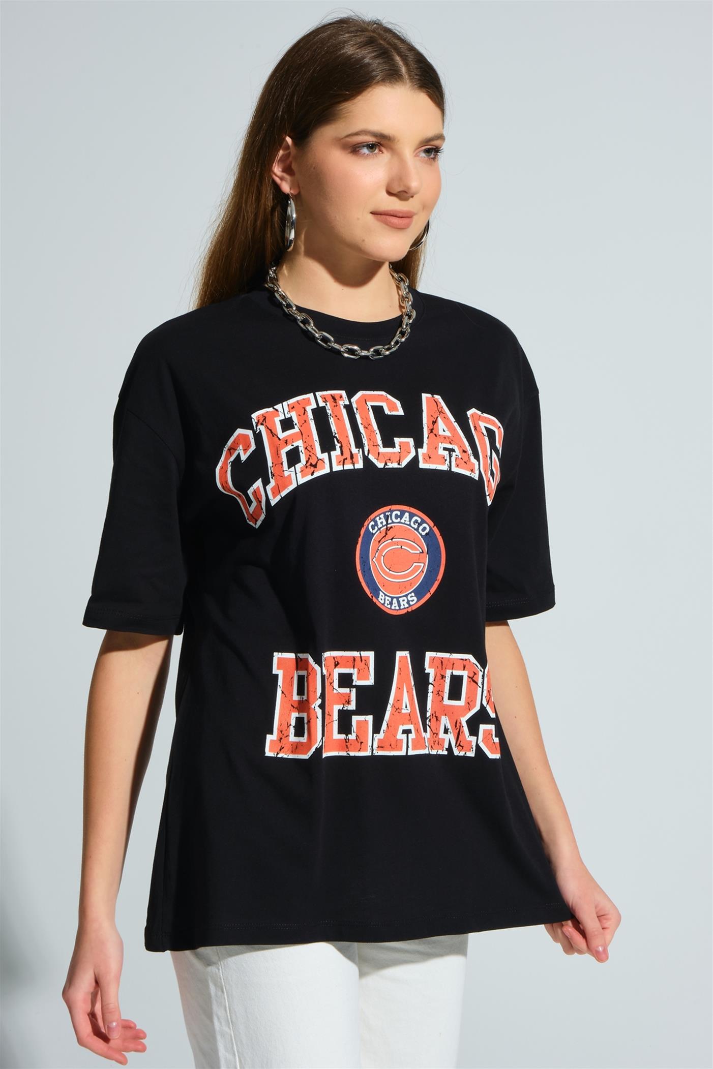 Bisiklet Yaka Baskılı Basic Oversize T-Shirt - Siyah