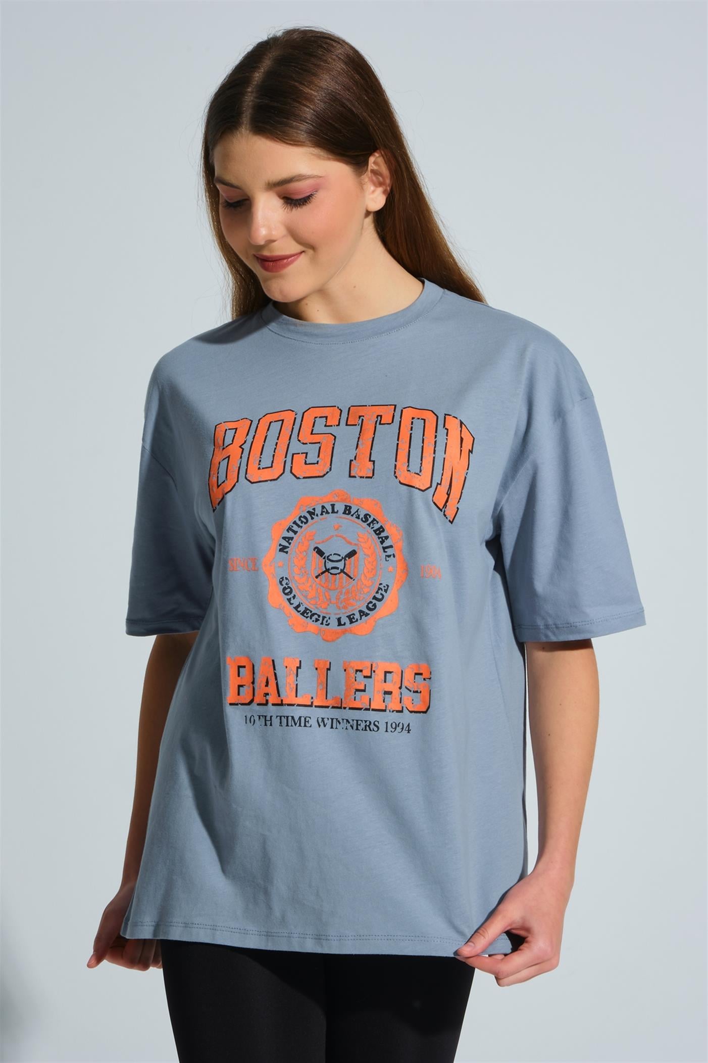 Bisiklet Yaka Baskılı Basic Oversize T-Shirt - Gri